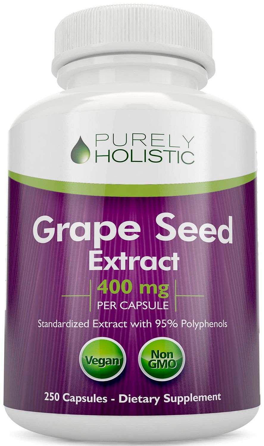 Purely Holistic Grape Seed Extract 20,000mg - 250 Vegan Capsules - 8 Month Supply - Standardized to 95 Polyphenols - 400 mg per Capsule - Maximum Strength Grapeseed - Non-GMO &amp; Pesticide Free