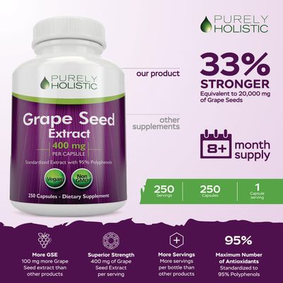 Purely Holistic Grape Seed Extract 20,000mg - 250 Vegan Capsules - 8 Month Supply - Standardized to 95 Polyphenols - 400 mg per Capsule - Maximum Strength Grapeseed - Non-GMO & Pesticide Free