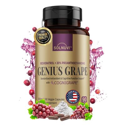 Resveratrol Complex Supplement 1500mg with Clinically Tested Cognigrape Red Grape Extract 20 Proanthocyanidins - Antioxidant &amp; Brain Health Support - 90 Veggie Capsules, Non-GMO, Gluten-Free, Vegan