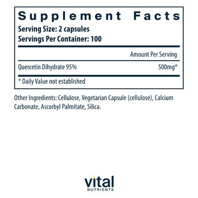 Vital Nutrients Quercetin | Vegan Quercetin Supplement with Bioflavonoids for Sinus, Respiratory, Heart, & Immune Function Support | Gluten, Dairy, Soy Free | 500mg | 200 Capsules