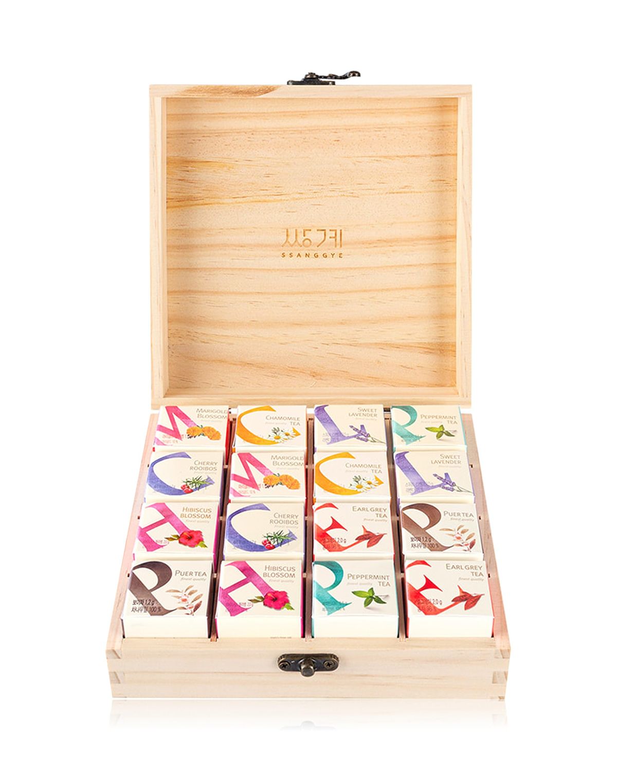 Ssanggye Cubewood 16P Gift Set 0.78 oz. (16 count, 8 flavors x 2EA) Herb Floral Blended Signature Puer Earlgrey Hibiscus Marigold Cherry Blossom Sweet Lavender Chamomile Peppermint Korean Tea Sampler