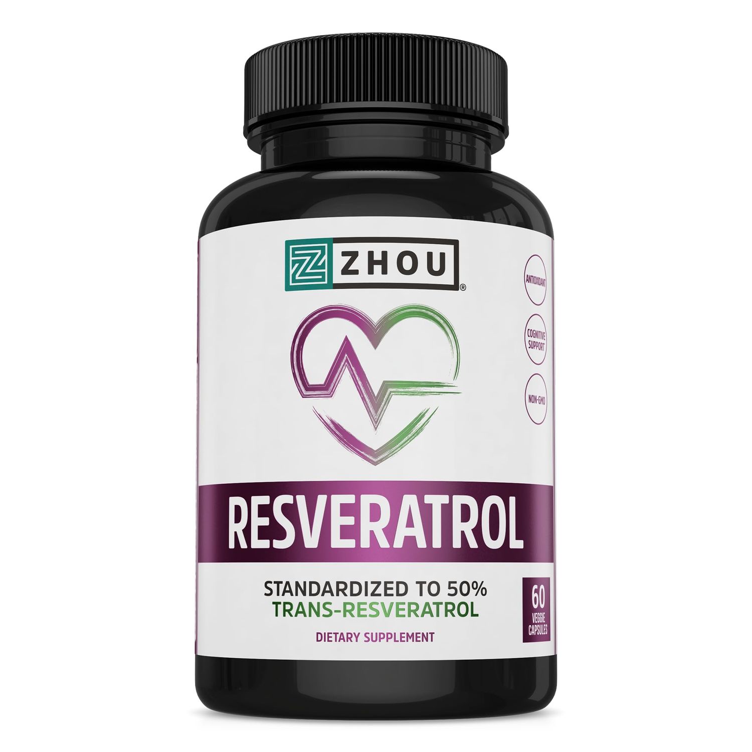 Zhou Resveratrol Supplement | Healthy Aging, Immune System &amp; Heart Health Support | Powerful Antioxidant Benefits | 30 Servings, 60 Veg Caps