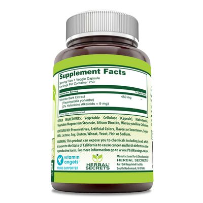 Herbal Secrets Yohimbe Extract 450 mg Supplement | Veggie Capsules | Non-GMO | Gluten Free | Made in USA (1 Pack, 250 Count)