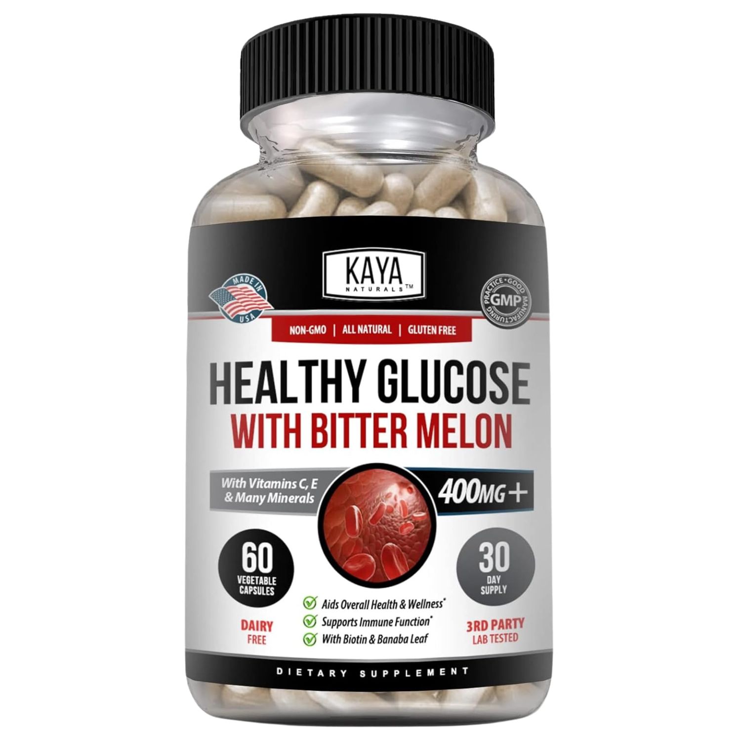 Kaya Naturals Healthy Gluco with Bittermelon Supplement | Support Healthy Levels and Function, 20 Herbs Vitamins and Minerals, Alpha Lipoic Acide, Cinnamon, Vitamin C &amp; E, Non-GMO (60 Count)