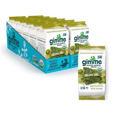 gimMe Organic Roasted Seaweed Sheets - Extra Virgin Olive Oil - 12 Sharing Packs - Keto, Vegan, Gluten Free - Great Source of Iodine and Omega 3s - Healthy On-The-Go Snack for Kids &amp; Adults