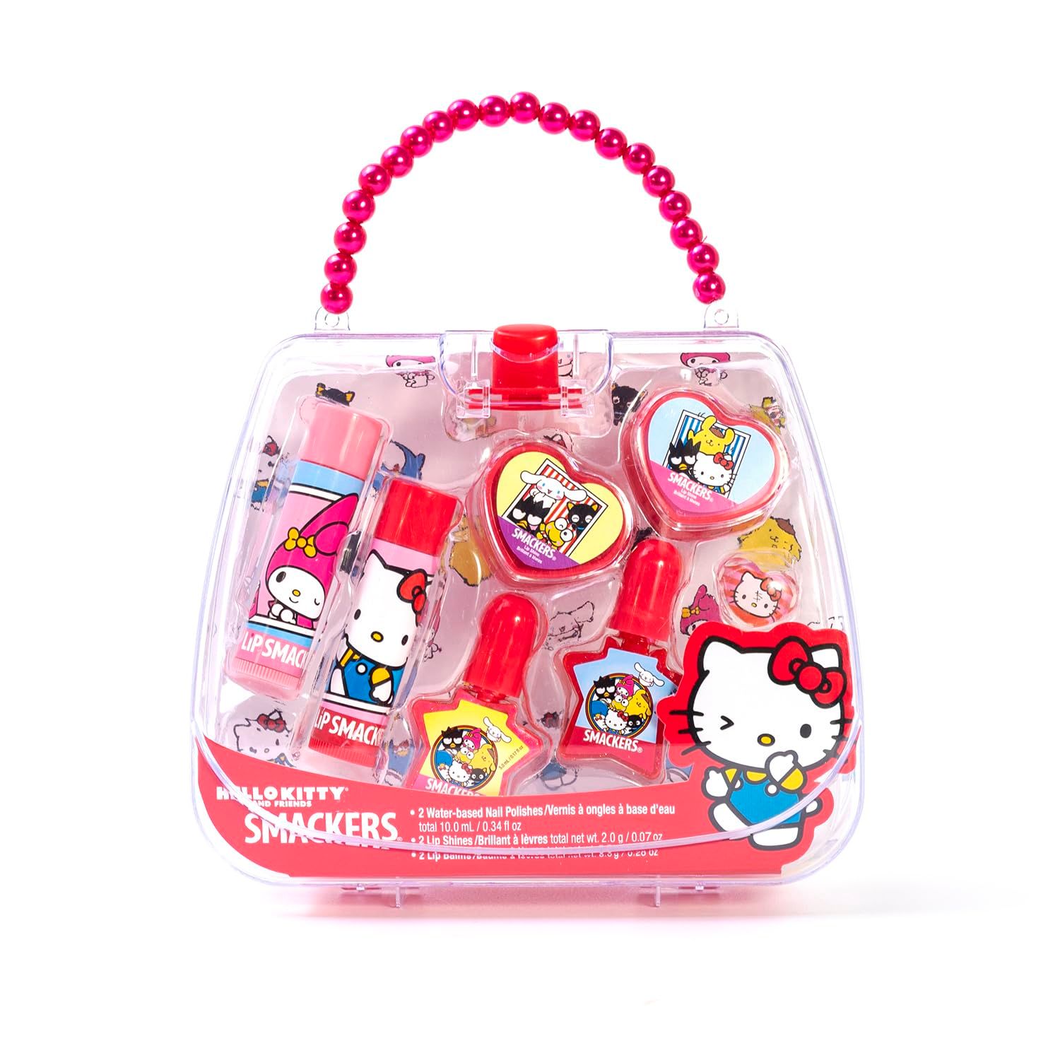 Lip Smacker Hello Kitty Nail Polish &amp; Flavored Lip Balm Makeup Tote - Moisturizing Balms, Colorful Nail Polishes, Sanrio Accessory Ring, Stylish Tote Bag, Perfect Glam Gift for Hello Kitty Lovers