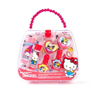 Lip Smacker Hello Kitty Nail Polish &amp; Flavored Lip Balm Makeup Tote - Moisturizing Balms, Colorful Nail Polishes, Sanrio Accessory Ring, Stylish Tote Bag, Perfect Glam Gift for Hello Kitty Lovers