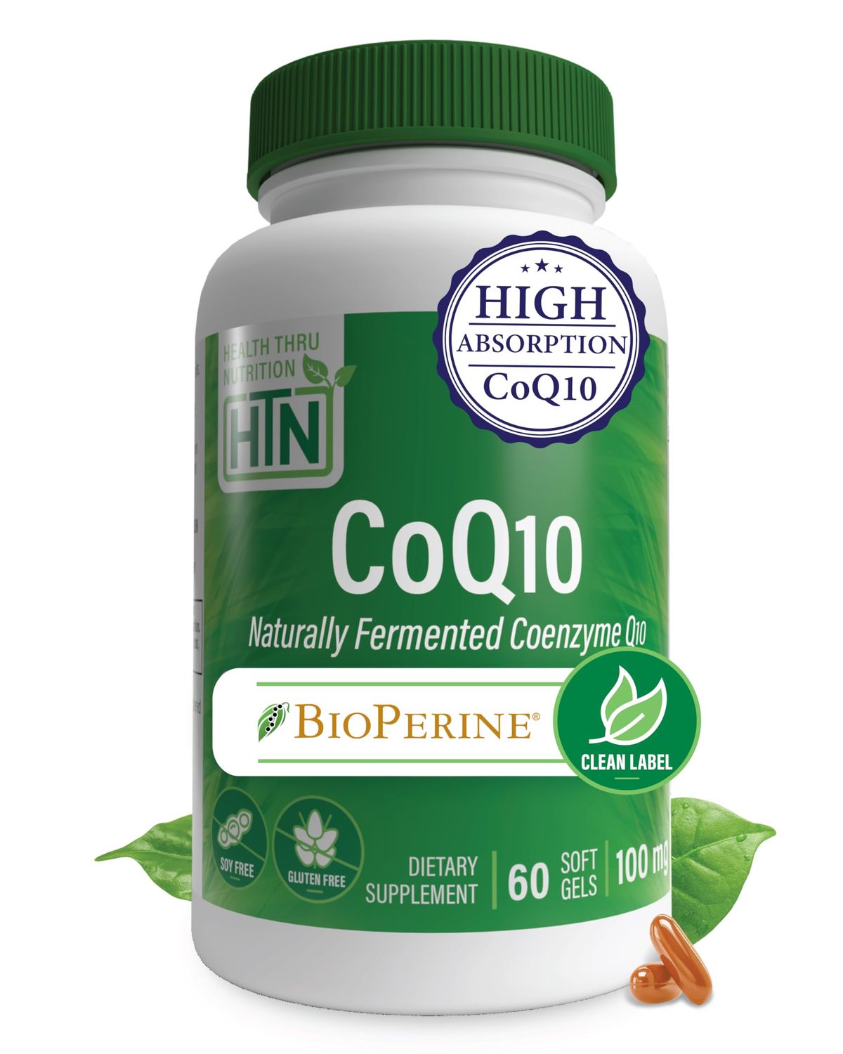 Health Thru Nutrition CoQ-10 100mg with BioPerine 60 Softgels | High Absorption Naturally Fermented USP Grade Coenzyme Q10 Supplement | 3rd Party Tested | Heart Health and Energy Support