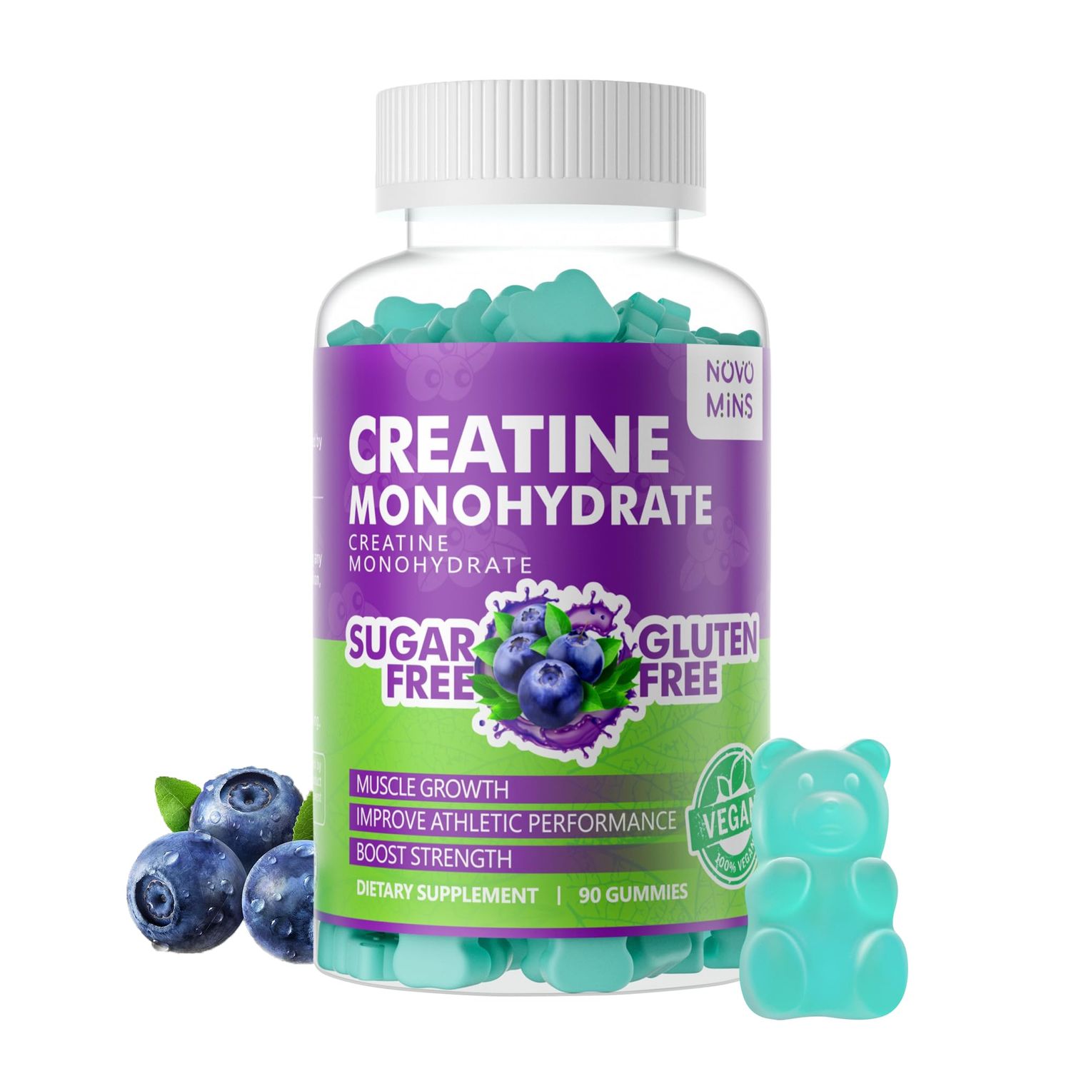 novomins Creatine Monohydrate Gummies 5000mg for Men &amp; Women, Chewables Creatine Monohydrate for Muscle Strength, Muscle Builder, Energy Boost, Pre-Workout Supplement(90 Count)-Blueberry Flavor.