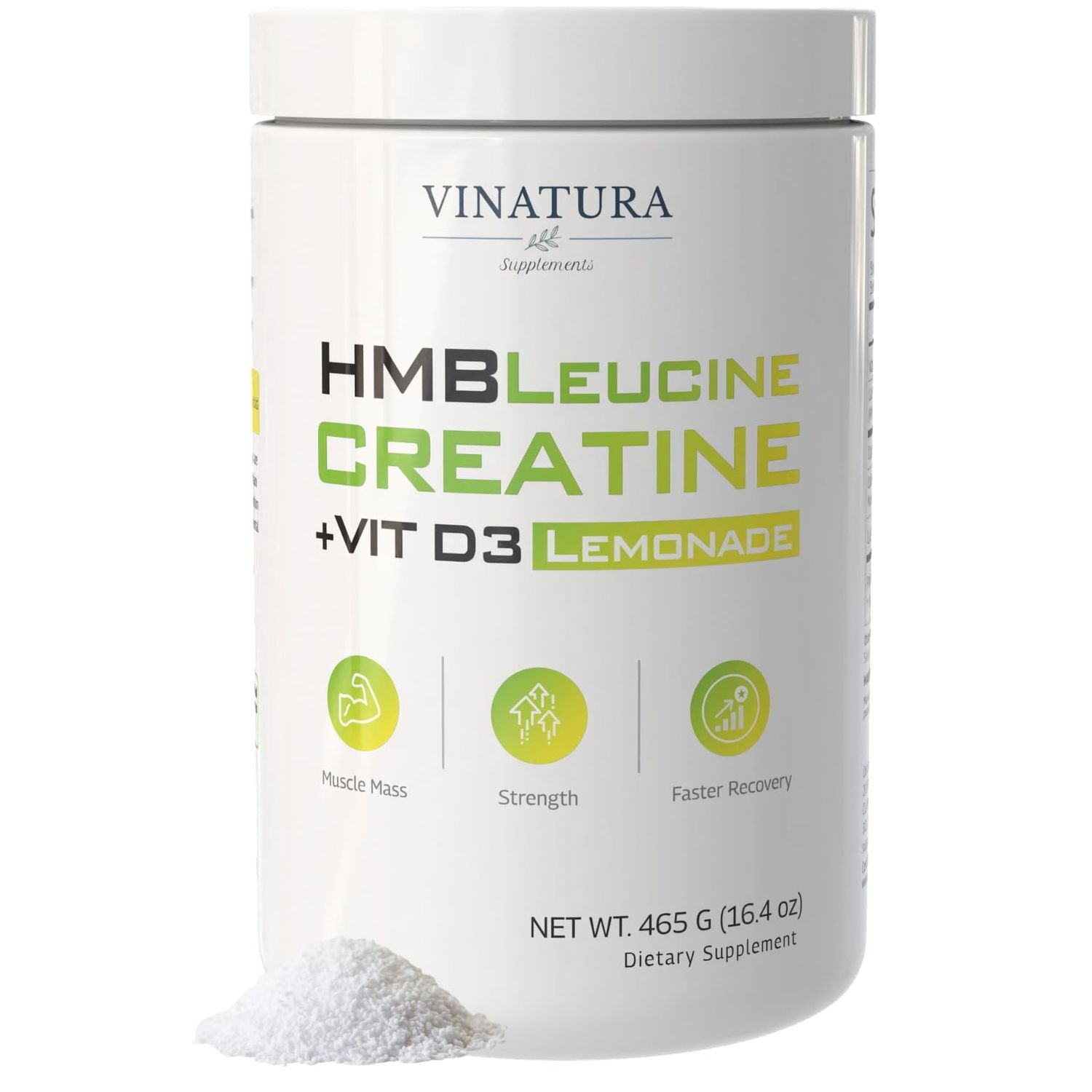 VINATURA HMB Leucine Creatine Powder - 5g Creatine Monohydrate, 3g HMB Supplement, 3g L-Leucine - Vitamin D3, Vegan Lemonade Flavor, Muscle &amp; Strength Support - 30 Servings