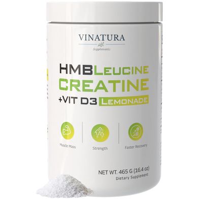 VINATURA HMB Leucine Creatine Powder - 5g Creatine Monohydrate, 3g HMB Supplement, 3g L-Leucine - Vitamin D3, Vegan Lemonade Flavor, Muscle &amp; Strength Support - 30 Servings