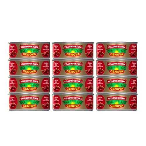 Genova Premium Yellowfin Tuna in Calabrian Chili Infused Olive Oil, 5 Ounce Cans (Pack of 12), Wild Caught Tuna, Solid Light