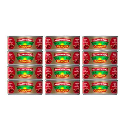 Genova Premium Yellowfin Tuna in Calabrian Chili Infused Olive Oil, 5 Ounce Cans (Pack of 12), Wild Caught Tuna, Solid Light