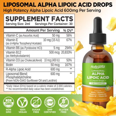 Liposomal Liquid Alpha Lipoic Acid drops, 600 MG R-Alpha Lipoic Acid Supplement with Biotin &amp; Multivitamins, ALA for Antioxidant, Brain Health and Nerve Support, Pineapple Flavor, Sugar Free, 2 FL OZ
