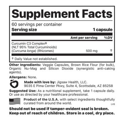 Jigsaw Health Curcumin C3 Complex | Curcumin Capsules Antioxidant Support | 60 Capsules | 60 Servings