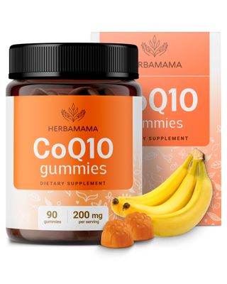 HERBAMAMA CoQ10 Gummies - 200mg Coenzyme Q10 for Antioxidant Support - Vegan, Non-GMO Daily Energy Support Supplement - 90 Pectin-Based Banana-Flavored Chews