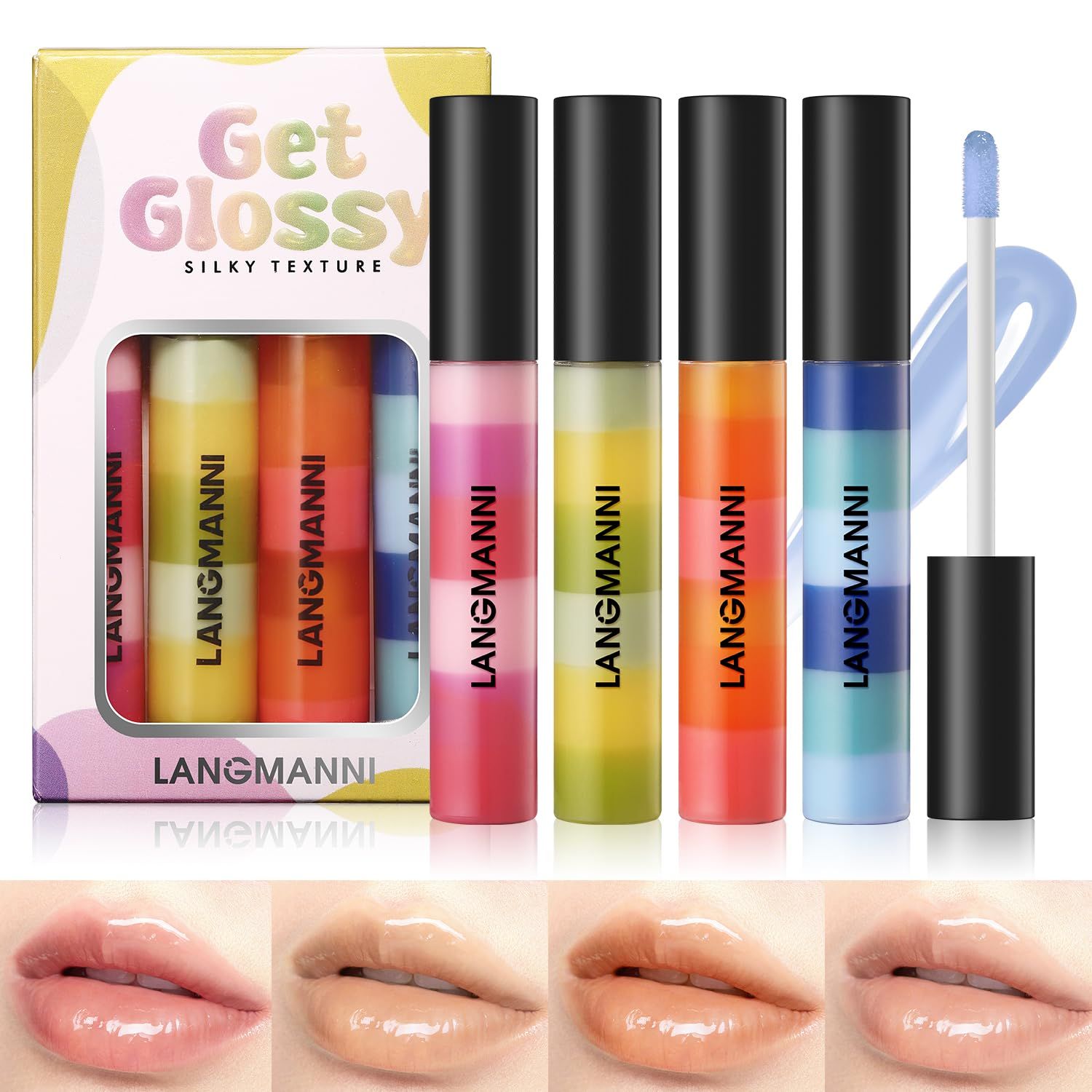 BANGFENG 4 Pack Get Glossy Lip Oil Set - Hydrating, Long-Lasting Lip Gloss with Silky Texture - Moisturizing, Non-Sticky Formula for Soft, Shiny Lips - for All Skin Tones and Daily Wear