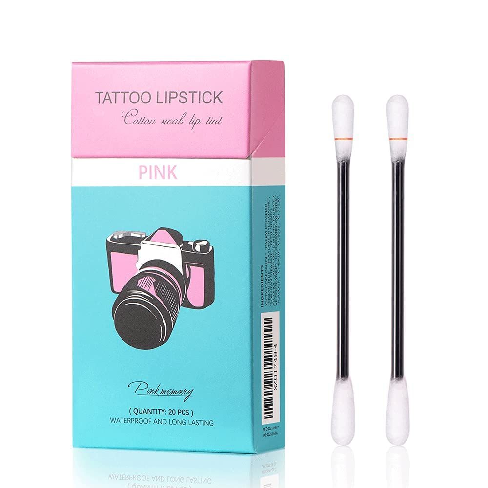 FLIPNEX 20Pcs Cotton Swab Tattoo Lipstick, Tattoo Lipstick Cotton Swab Lip Tint, Waterproof and Long Lasting Liquid Non-Stick Portable Lip Gloss (Pink)