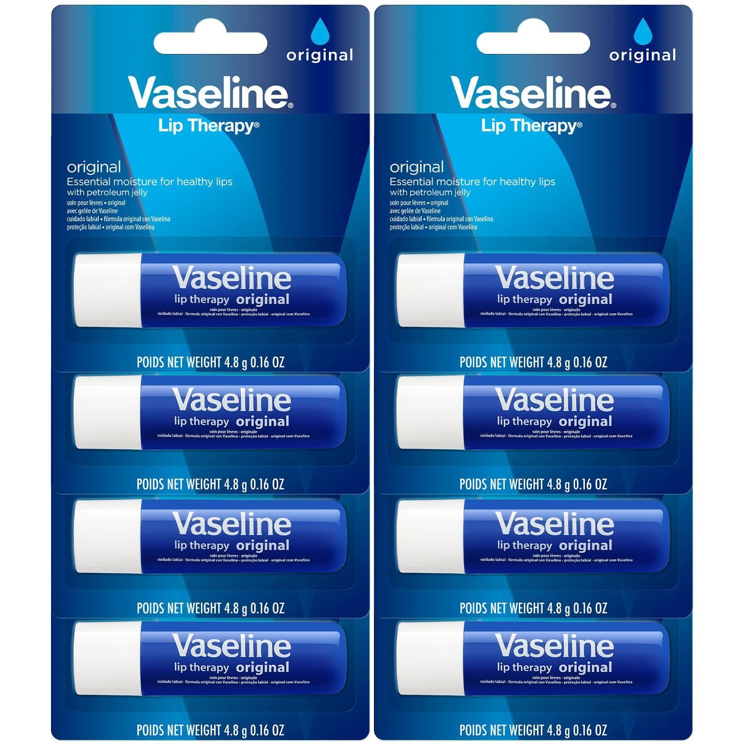 Vaseline Lip Therapy Original 8-Pack - Moisturizing Lip Balm for Very Dry Lips, 0.16 Oz Ea