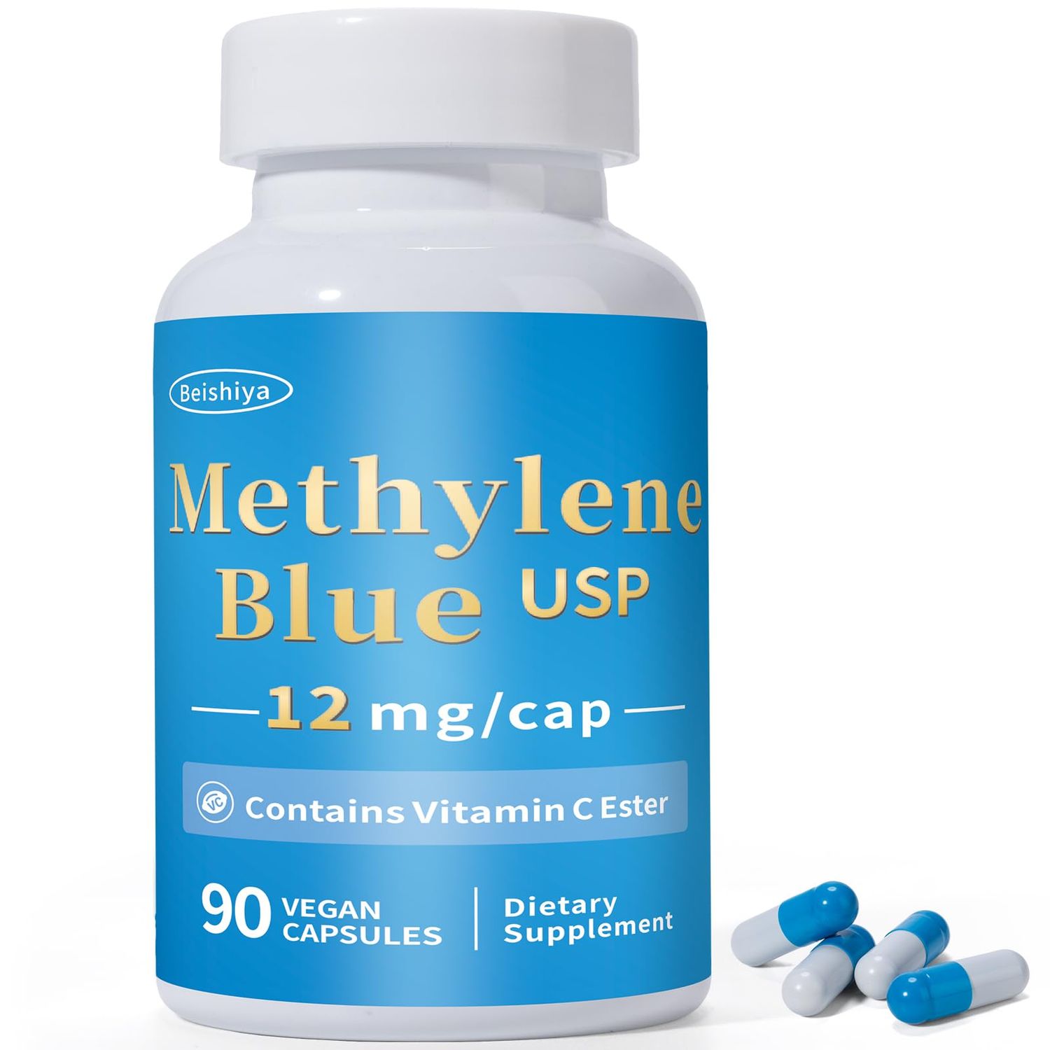 Methylene Blue Capsules, 12mg USP Grade, Brain Supplement with Vitamin C Ester for Enhanced Absorption, Support Focus, Cognition &amp; Energy, No Formaldehyde, 90 Capsules