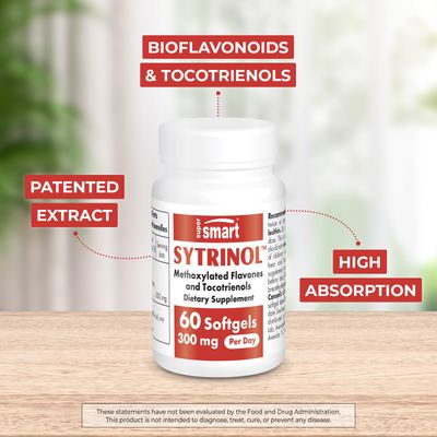 Supersmart - Sytrinol Supplement 300mg per Day (High Absorption) - Citrus Bioflavonoids &amp; Tocotrienols Complex - Palm Fruit Extract | Gluten Free - 60 Softgels