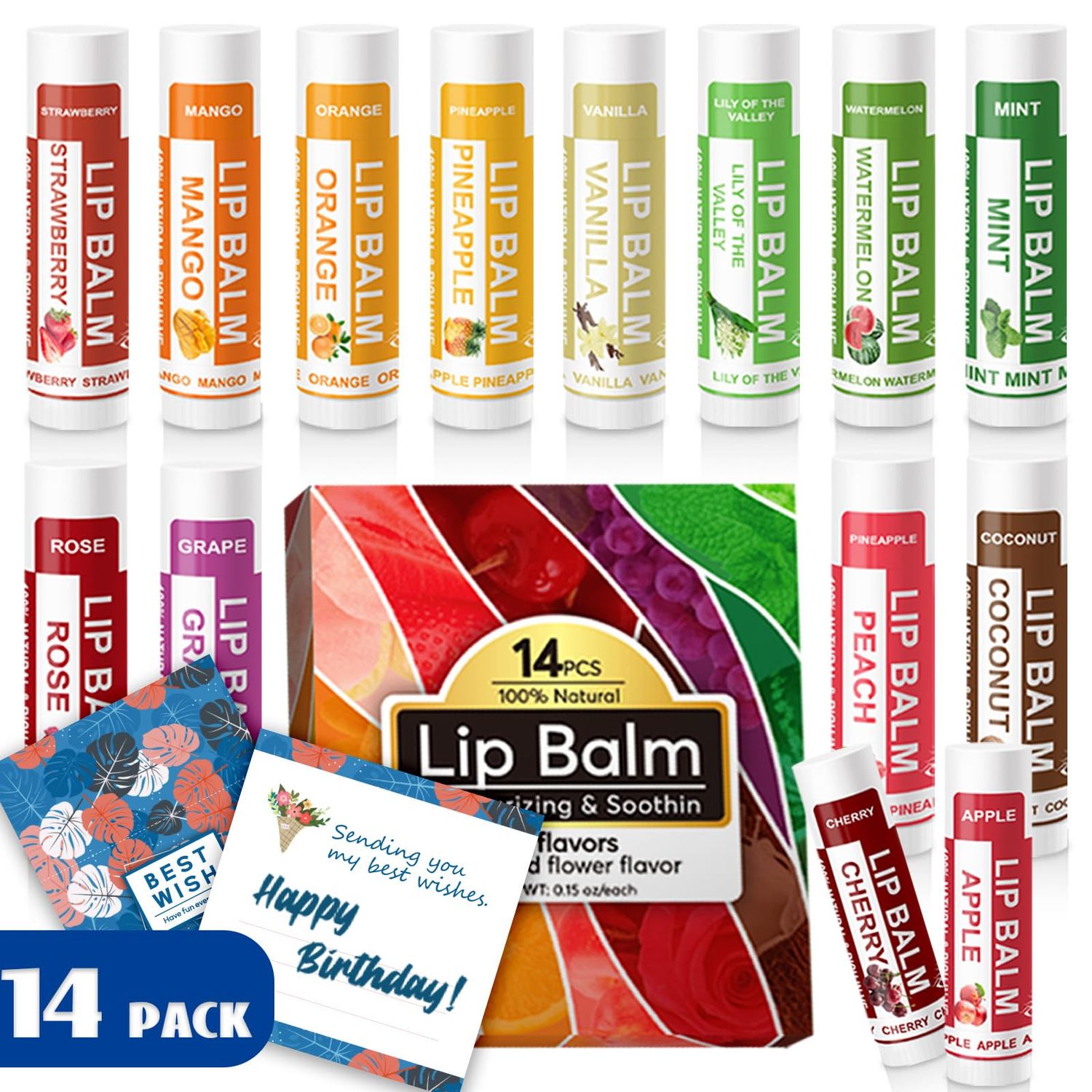 Yopela 14 Pack Natural Lip Balm in Bulk with Vitamin E and Coconut Oil - Moisturizing, Soothing, and Repairing Dry and Chapped Lips Valentine&#39;s Gift - 14 Flavors - Non-GMO - With Greeting Card