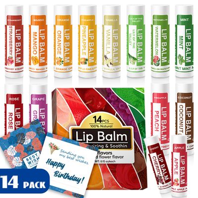 Yopela 14 Pack Natural Lip Balm in Bulk with Vitamin E and Coconut Oil - Moisturizing, Soothing, and Repairing Dry and Chapped Lips Valentine&#39;s Gift - 14 Flavors - Non-GMO - With Greeting Card