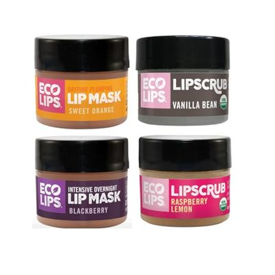 Eco Lips Organic Sugar Lip Scrub, Plumping Lip Mask &amp; Overnight Intensive Lip Mask for Chapped Lips 4-Pack (0.25 oz. each) - 100 Natural