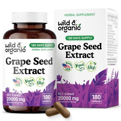 Wild &amp; Organic Grape Seed Extract Capsules - 20,000 mg Strength Grapeseed Extract Equivalent - 95 Polyphenols - 400 mg per Serving - 180 Vegan Capsules - 6 Month Supply - Non-GMO