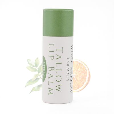 Organic Tallow Lip Balm (Citrus Bouquet) from 100 Grass Fed Cows. Super hydrating with Tallow, Olive Oil, Honey, and Beeswax. Sustainable Cardboard Tubes &amp; Hand Filled. Jumbo Size 0.5 oz.