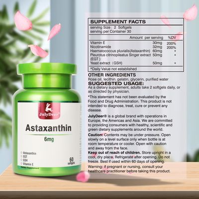 JulyDeer Astaxanthin 6 mg Per Serving, 60 Softgels - Double Strength Microalgae - Natural Haematococcus Pluvialis Source - Antioxidant Supplements for Skin, Eyes, Joints, &amp; Immune Support - Non-GMO