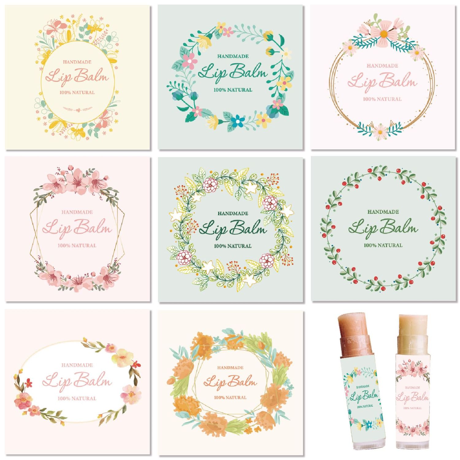 CRASPIRE 80Pcs 8 Styles Lip Balm Sticker Wreath Flower Floral Leaf Self-Adhesive Homemade Lip Balm Labels Vintage Square DIY Label Stickers for Lip Balm Containers Cosmetics Lipsticks