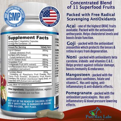 Super Antioxidant Fruit Superfood Complex - Powerful Antioxidant Superfruits, Acai, Goji, Noni, Mangosteen, Pomegranate, Elderberry, Resveratrol, Immune Support, Skin Care - 60 Capsules
