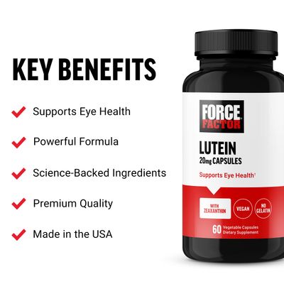 FORCE FACTOR Lutein and Zeaxanthin Supplements, Eye Vitamins with Lutein 20mg, Eye Health Supplements for Adults, Ingredients Backed by Science, Vegan, Gelatin Free, 60 Vegetable Capsules