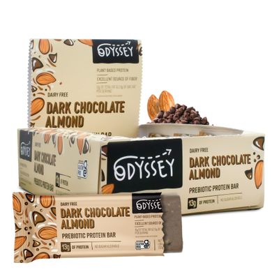 Odyssey Snacks, Dark Chocolate Almond Prebiotic Protein Bars, 12 Pack, 13g of Plant Protein, Healthy Gluten Free Protein Snacks, Fast Breakfast, Snack Food Replacement for Kids, Adults with Superfood