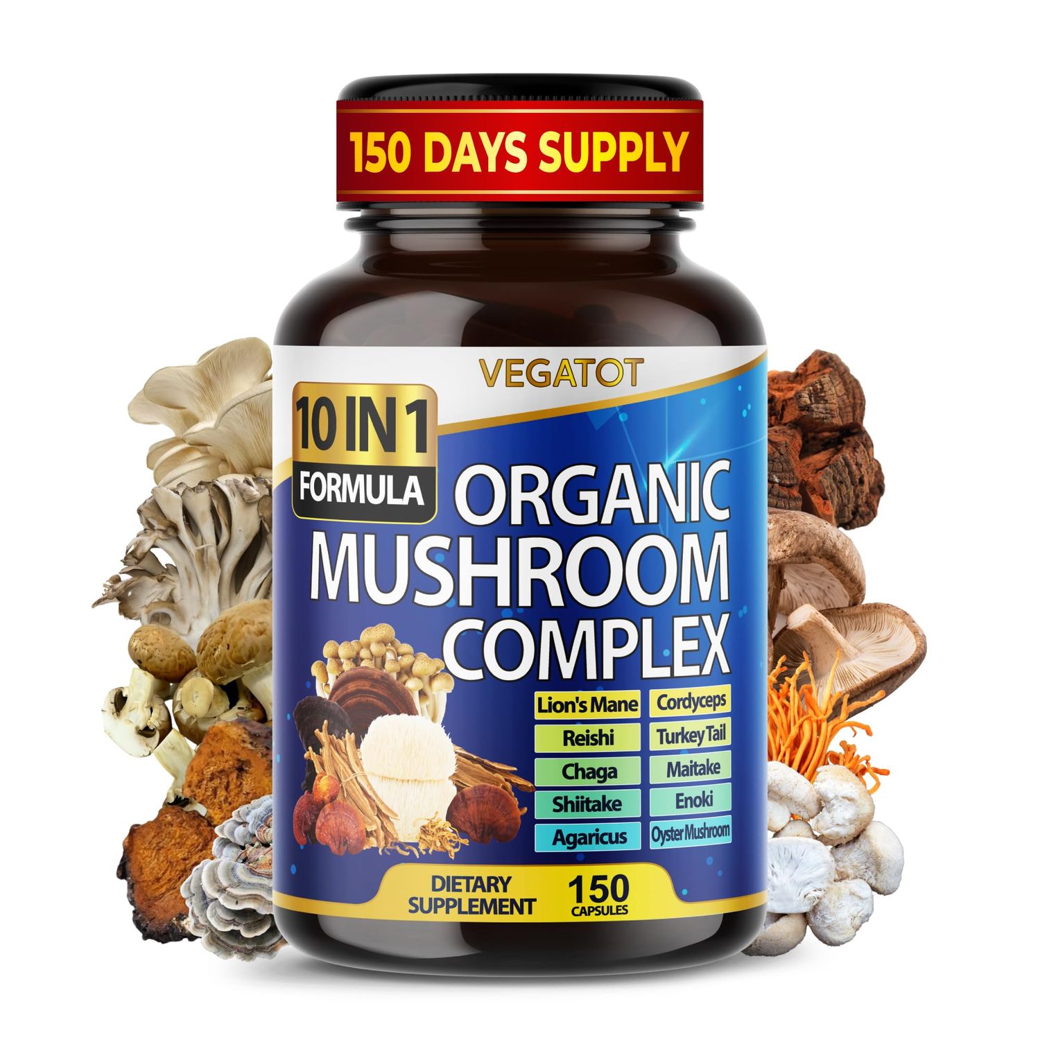 10 in 1 High Strength Mushroom Supplement - Lions Mane, Cordyceps, Reishi - Brain Supplements for Memory and Focus 5-Month Supply