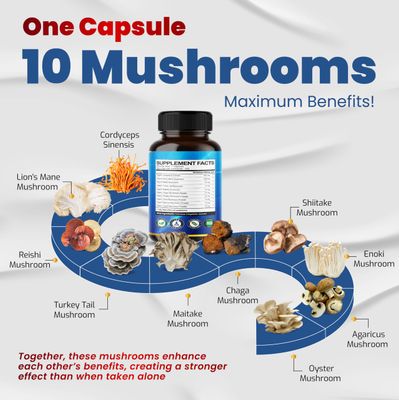 10 in 1 High Strength Mushroom Supplement - Lions Mane, Cordyceps, Reishi - Brain Supplements for Memory and Focus 5-Month Supply