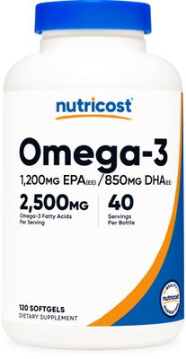 Nutricost Omega 3 Fish Oil - 2500MG, 120 Softgels (40 Serv) - Fish Oil, Wild Caught! 1200mg EPA 850mg DHA - Non-GMO, Gluten Free