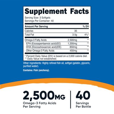 Nutricost Omega 3 Fish Oil - 2500MG, 120 Softgels (40 Serv) - Fish Oil, Wild Caught! 1200mg EPA 850mg DHA - Non-GMO, Gluten Free