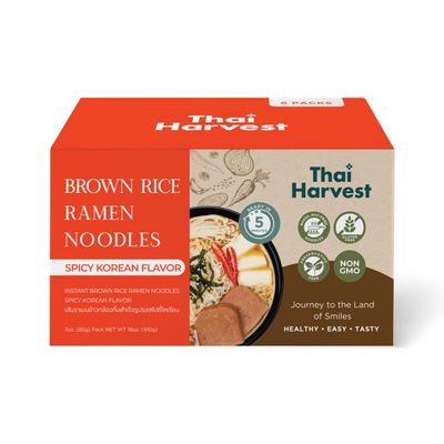 Thai Harvest Instant Brown Rice Ramen - Baked, Not Fried, | Spicy Korean Flavor | Healthy 6-Pack Noodles | Non-GMO, 0 Cholesterol