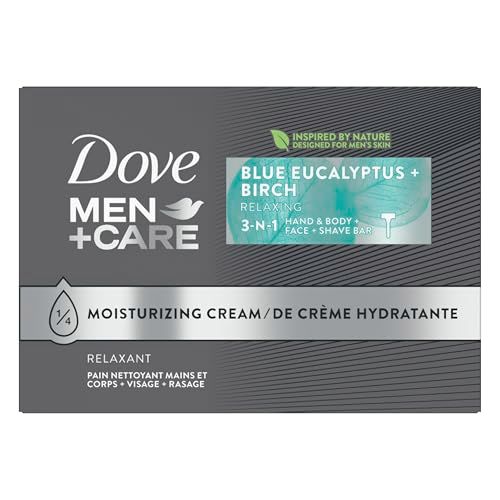 DOVE MEN CARE Bar 3 in 1 Cleanser for Body, Face, and Shaving Blue Eucalyptus 8 Bars For Fresh, Healthy-Feeling Skin Body and Facial Cleanser More Moisturizing Than Bar Soap 3.75 oz