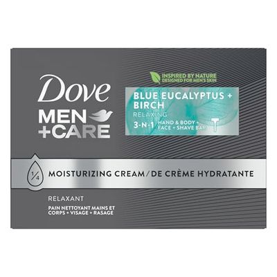 DOVE MEN CARE Bar 3 in 1 Cleanser for Body, Face, and Shaving Blue Eucalyptus 8 Bars For Fresh, Healthy-Feeling Skin Body and Facial Cleanser More Moisturizing Than Bar Soap 3.75 oz