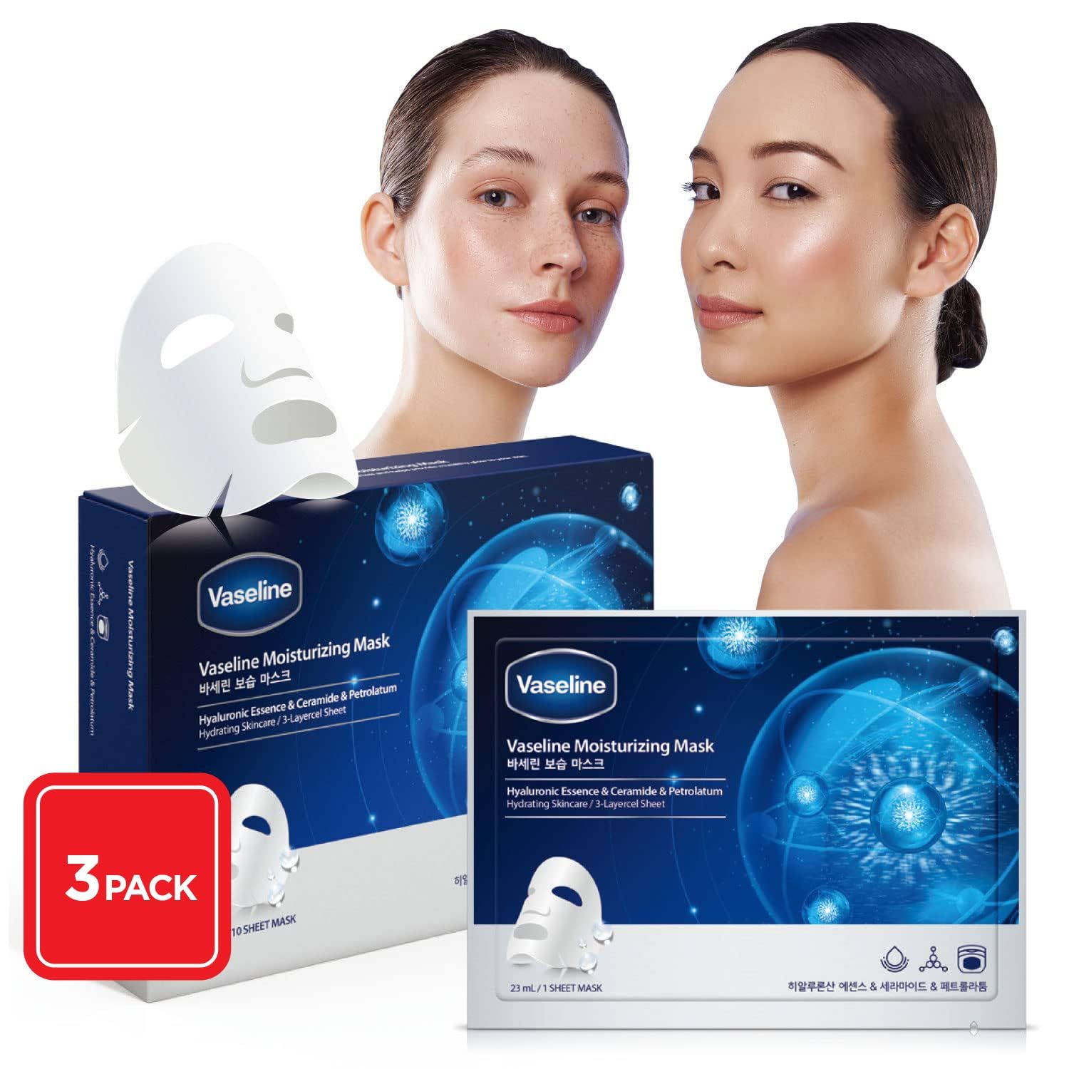 Vaseline Moisturizing Face Facial Mask Sheet Skin Care Essence, HYDRATION RETENTION, SKIN BARRIER REINFORCEMENT (Pack of 3, 30 Count) Made in Korea