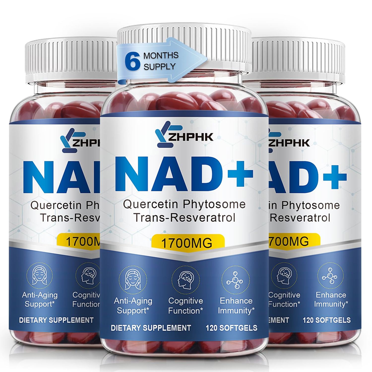 NAD Supplement Softgels 1700mg, Nad Supplements for Women &amp; Men with Nicotinamide Riboside Quercetin Phytosome, Trans Resveratrol &amp; TMG, Boost NAD Energy Anti-Aging Support 360-Count, 180 Days Supply