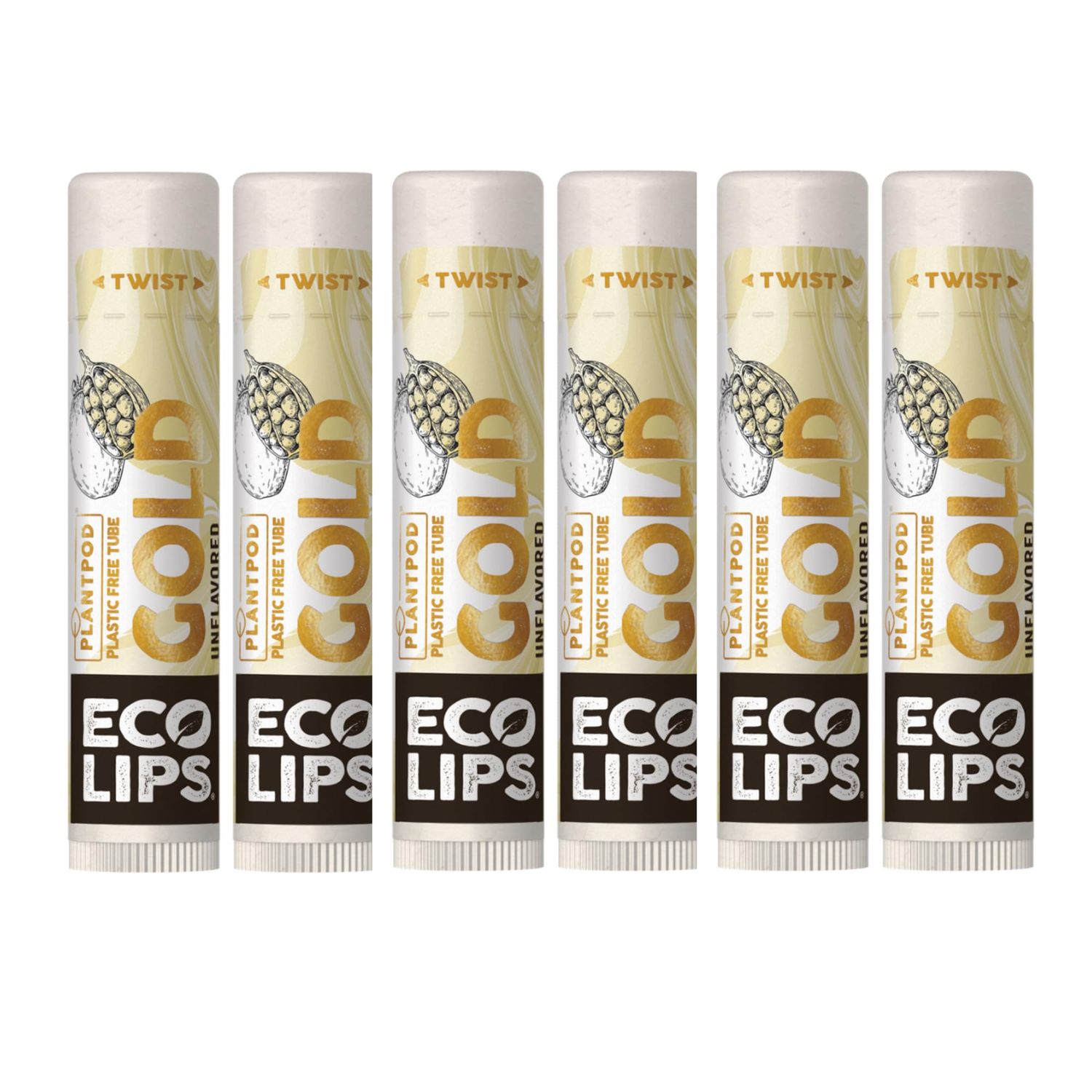 Eco Lips GOLD 100 Organic Lip Balm with Baobab - Soothe and Moisturize Dry, Cracked and Chapped Lips - 100 Plastic-Free Plant Pod Packaging (6 Tubes)
