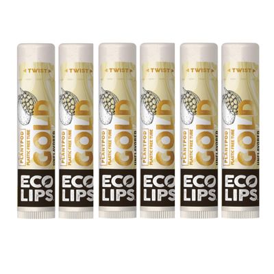 Eco Lips GOLD 100 Organic Lip Balm with Baobab - Soothe and Moisturize Dry, Cracked and Chapped Lips - 100 Plastic-Free Plant Pod Packaging (6 Tubes)