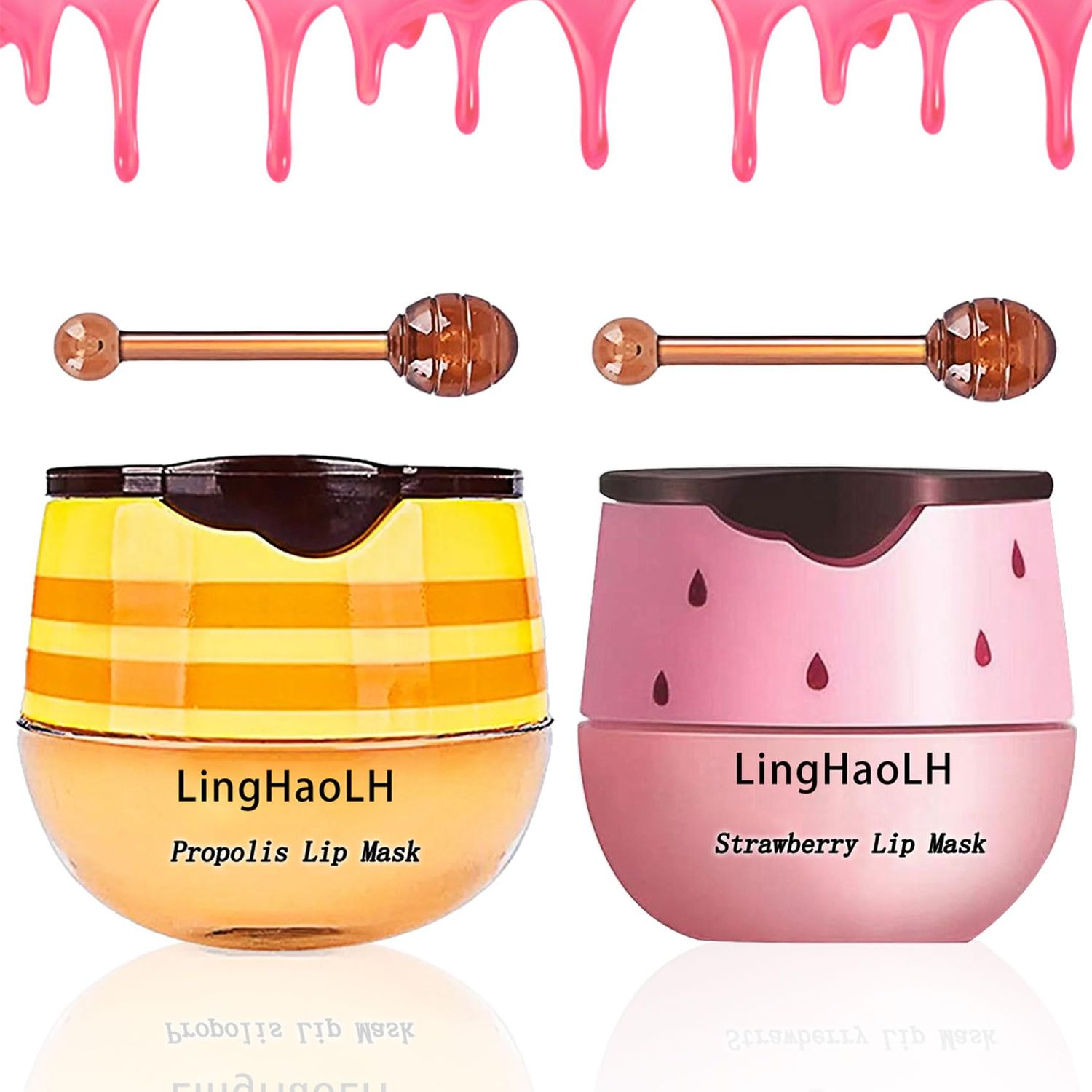 2PCS Bee Lip Balm,Hydrating Honey Pot Lip Balm with Stick,Non-Greasy Silky Sleeping Lip Mask Set,Long Lasting Lip Scrubs Moisturizer for Dry Cracked LipsHoney Strawberry