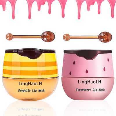2PCS Bee Lip Balm,Hydrating Honey Pot Lip Balm with Stick,Non-Greasy Silky Sleeping Lip Mask Set,Long Lasting Lip Scrubs Moisturizer for Dry Cracked LipsHoney Strawberry