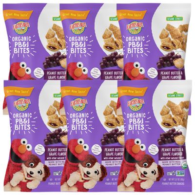 Earth&#39;s Best Organic Kids Snacks, Sesame Street Toddler Snacks, Organic PB&amp;J Bites for Toddlers 2 Years and Older, Peanut Butter and Grape Flavored with Other Natural Flavors, 3.17 oz (Pack of 6)