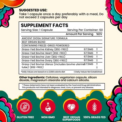 ANCIENT DIOSA-Grass Fed Beef Liver Capsules - Female-Optimized Natural Beef Organ Supplement - Promotes Cognitive Function, Immunity, Energy Production, Feminine Balance, Whole Body Wellness-60Capsule